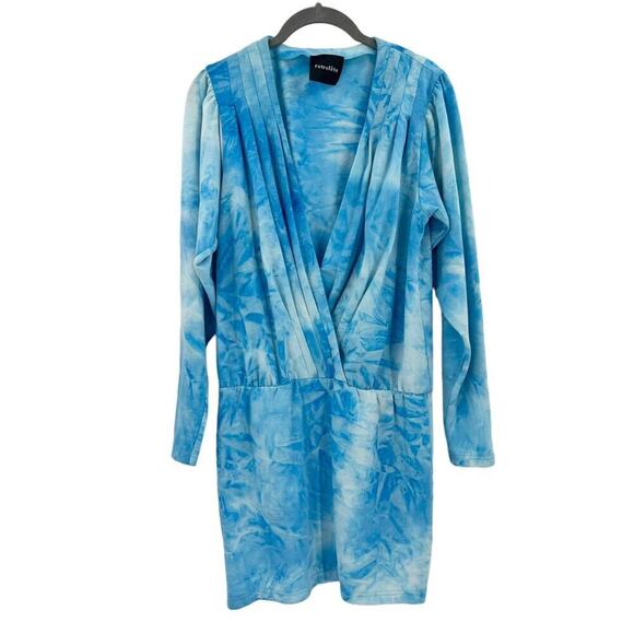 RETROFETE Mini Plunge Neck Dress Blue Tie Dye Long Sleeve Pleated Size Small NEW - Picture 4 of 8